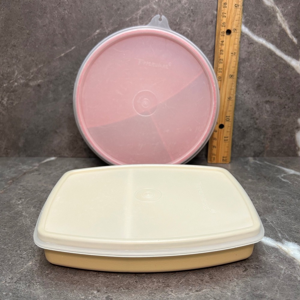 Vintage Tupperware Divided Food Storage Set Round Red Rectangular Gold 2pc Lot